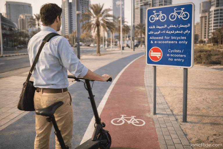 Electric scooter positioned on a permitted cycling path in Dubai, illustrating that e-scooters are legal with restrictions under Dubai RTA rules