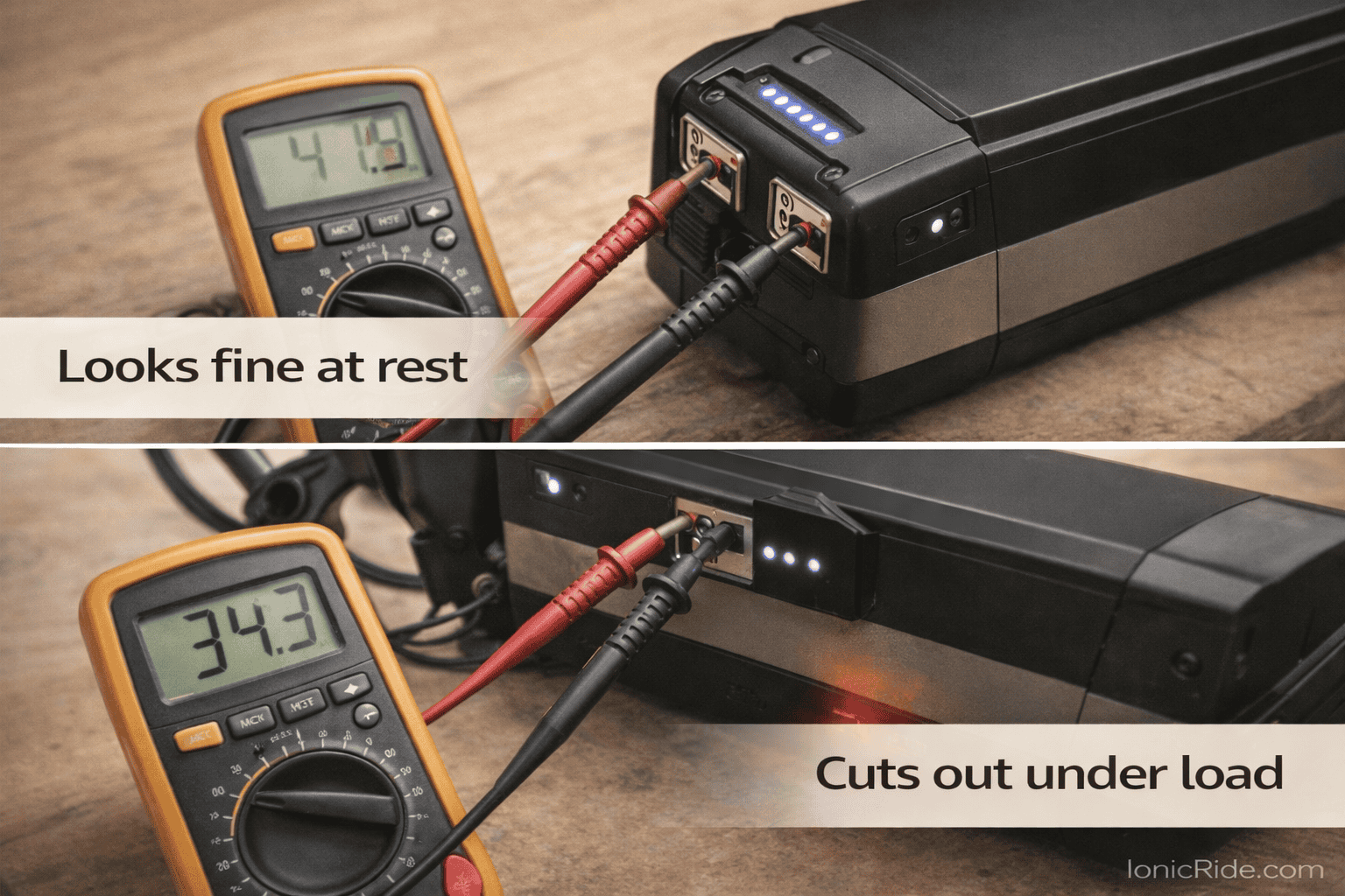 E-Bike Battery Voltage Sag Under Load Multimeter measuring an e-bike battery showing normal voltage at rest but a sharp voltage drop under load, explaining sudden motor cutouts