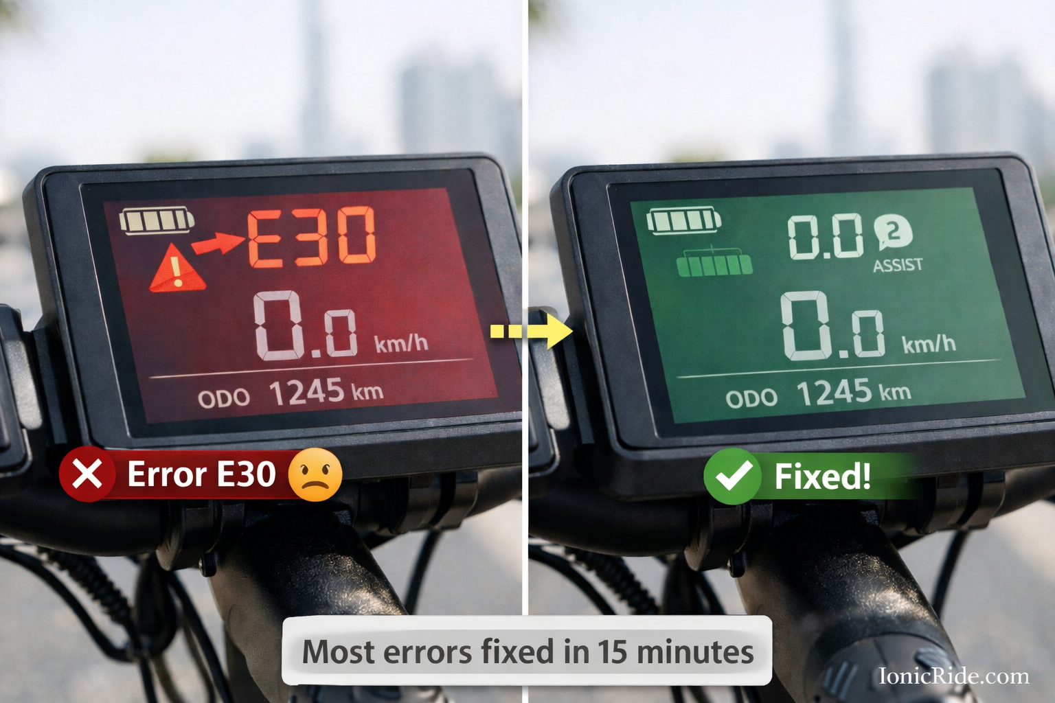 Before and after comparison showing e-bike display with E30 error code fixed and cleared, returning to normal operation