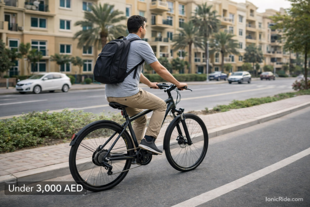 Budget e-bike under 3000 AED being ridden on Dubai residential cycle path showing practical daily commuting option