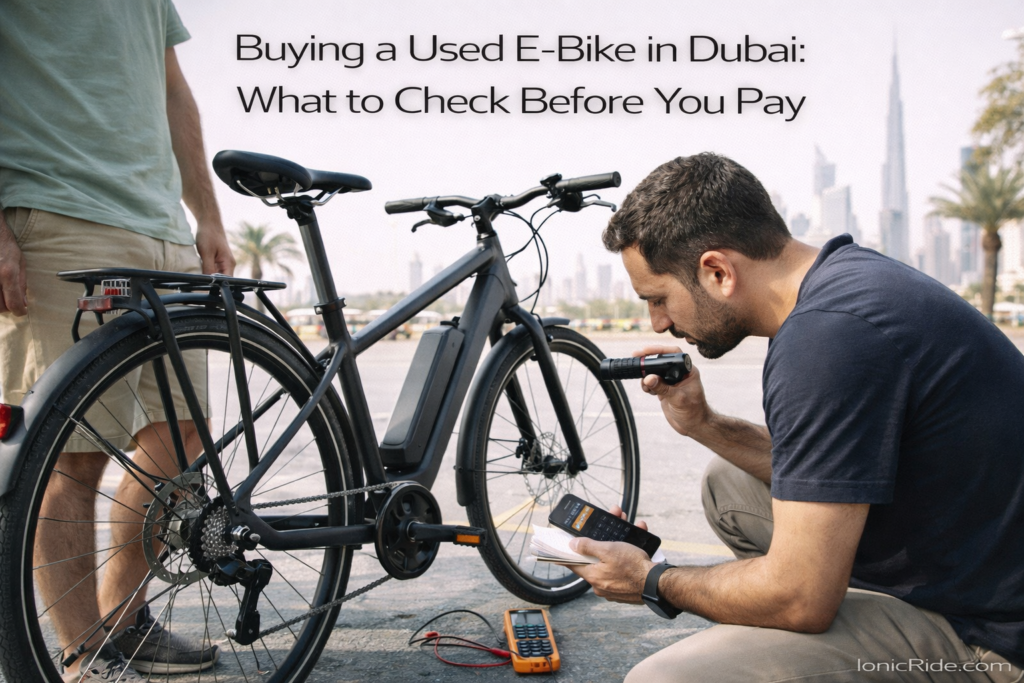 Buyer checking a used e-bike in Dubai outdoors before purchase, inspecting components and battery with tools
