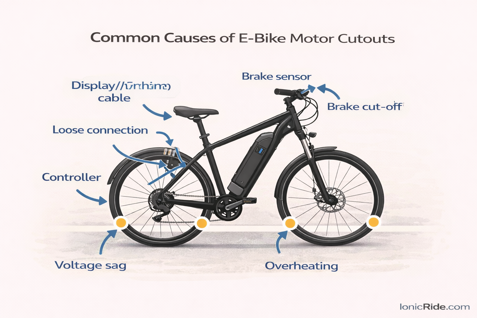 Common E-Bike Motor Cutout Failure Points Diagram of an e-bike highlighting common motor cutout failure points such as battery connections, controller, motor cable, brake sensor, and display wiring