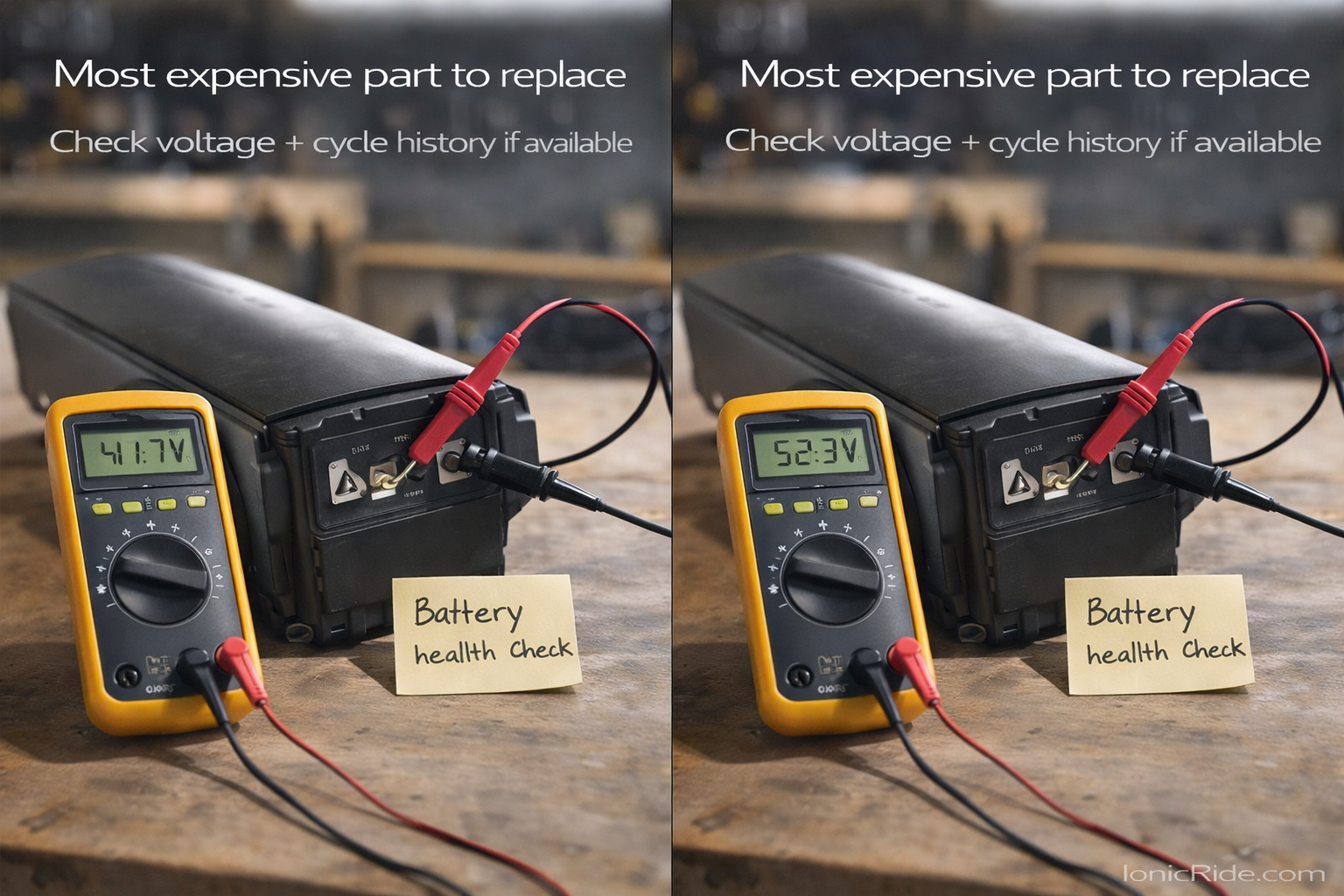 Check the Battery Health First When Buying Used Close-up of a used e-bike battery being tested for health with a multimeter before purchase