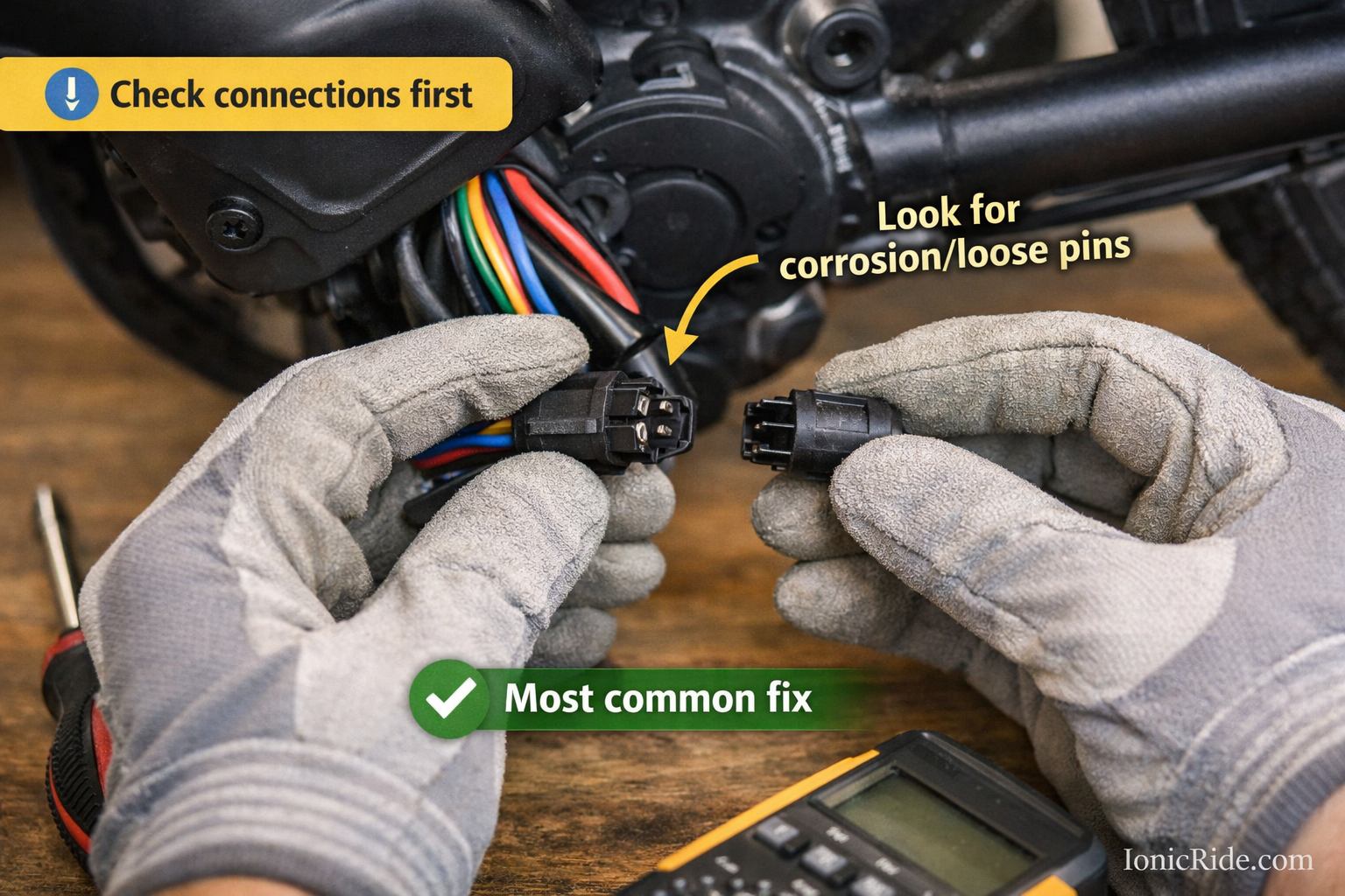 Mechanic hands inspecting e-bike wire connector for corrosion and loose pins during error code troubleshooting