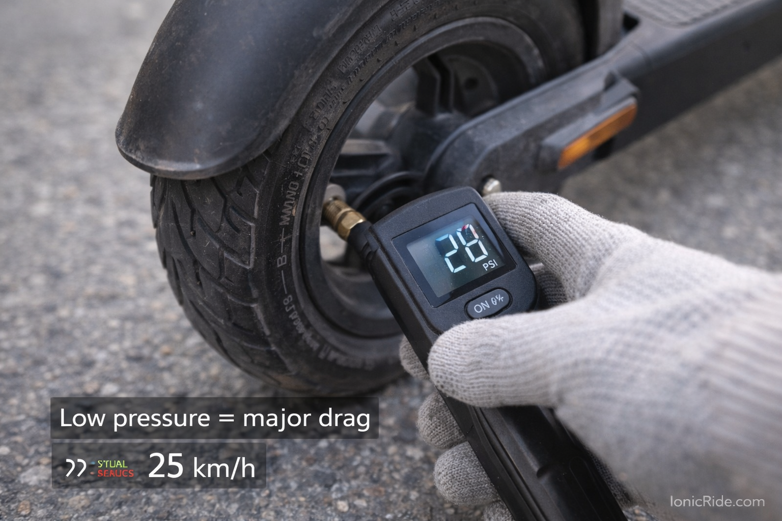 Digital tire pressure gauge showing low 28 PSI reading on e-scooter tire when recommended pressure is 40-50 PSI causing speed loss