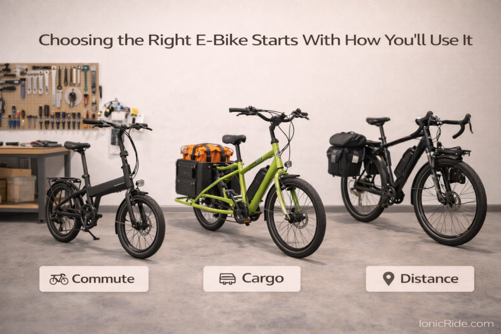Multiple e-bikes lined up in a UAE workshop showing different use cases like commuting, cargo, and long-distance riding