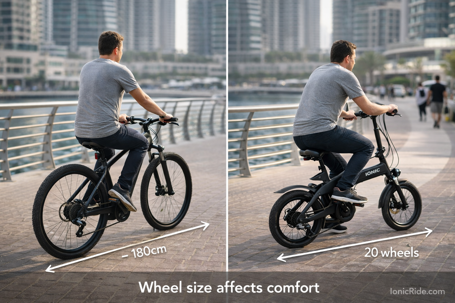 Riding position comparison showing ergonomic difference between full-size e-bike and 20-inch folding e-bike in Dubai