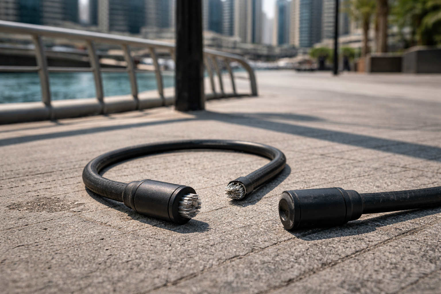 Cut cable lock on ground after e-bike theft in Dubai - clean cut shows how easily thieves defeat cable locks in seconds
