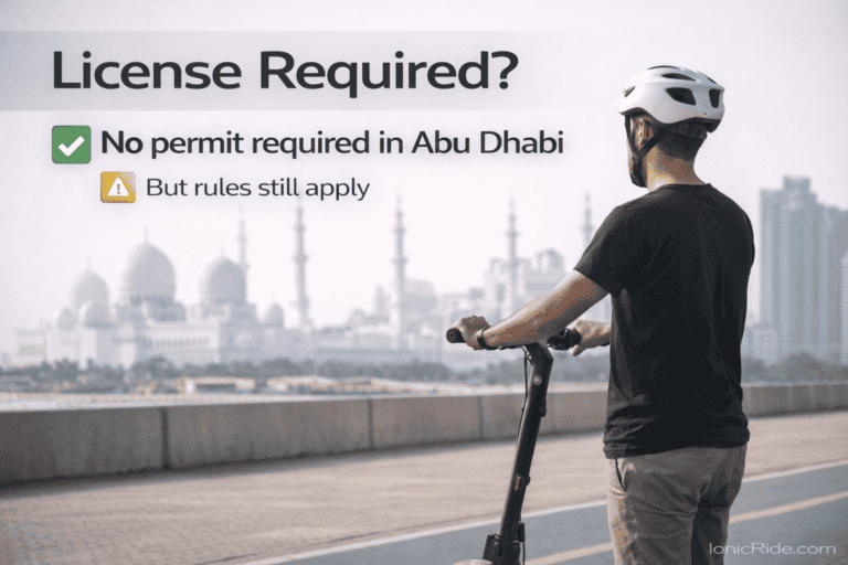 Abu Dhabi e-scooter rider with a question graphic showing that no special license or permit is required compared to Dubai