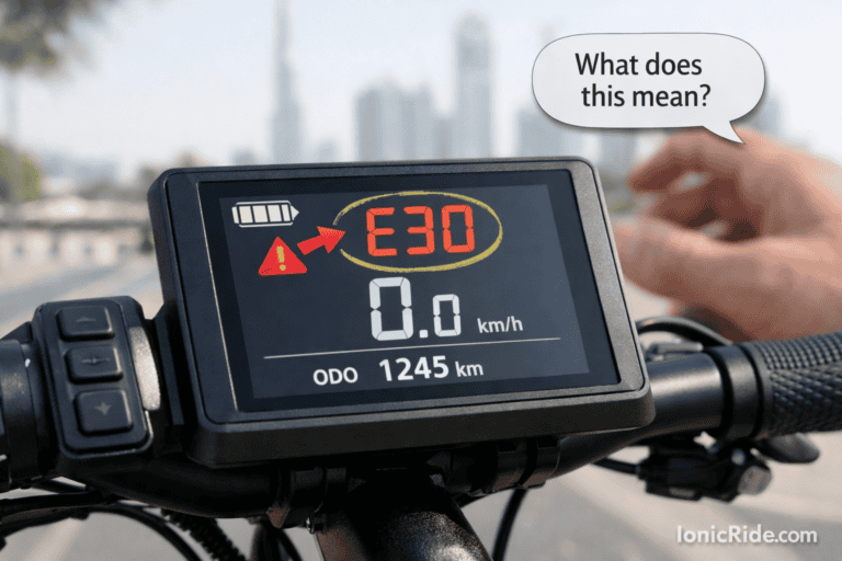E-bike LCD display showing E30 error code on handlebars - common communication failure between controller and display