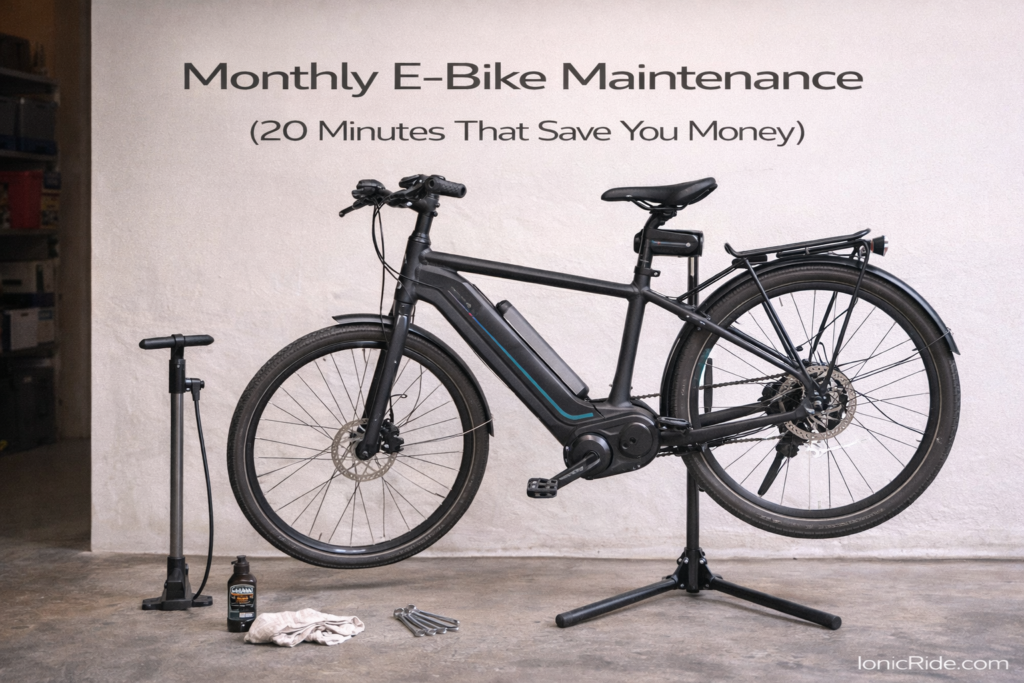 E-bike set up for routine monthly maintenance with basic tools like a pump, chain lube, and a rag, showing a simple preventive checklist