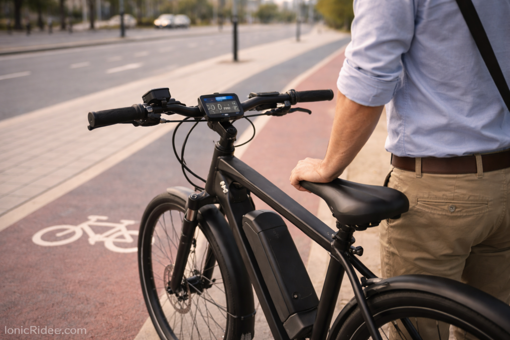 E-bike stopped mid-ride with the display still on, illustrating an intermittent motor cutout problem with no warning or error code