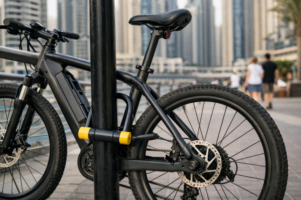 E-bike properly secured with heavy-duty U-lock in Dubai Marina - correct locking technique with frame and wheel locked to bike rack