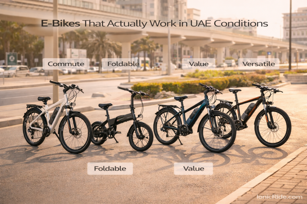 Lineup of practical e-bikes under 5,000 AED in real UAE conditions, showing commuter, folding, and cargo friendly models.