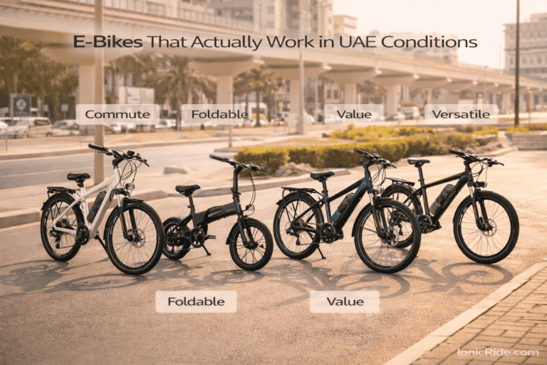 Lineup of practical e-bikes under 5,000 AED in real UAE conditions, showing commuter, folding, and cargo friendly models.