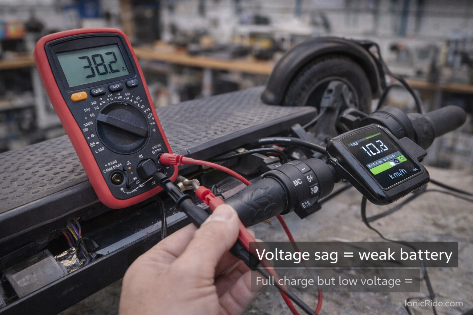 Multimeter testing e-scooter battery showing 38.2V voltage sag on 42V battery indicating cell degradation causing performance loss