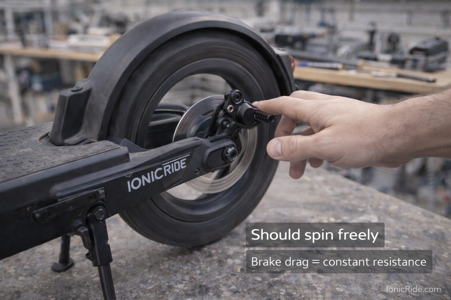 Hand spinning e-scooter rear wheel to test for brake drag and bearing resistance causing constant speed loss
