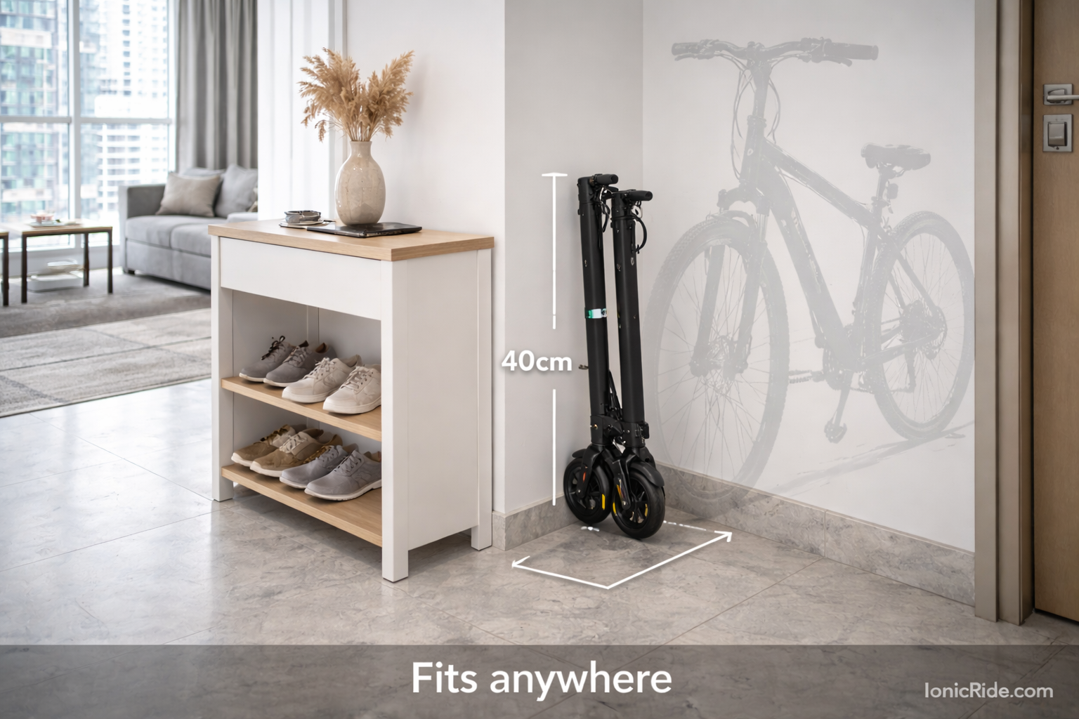 Folded e-scooter stored in corner of Dubai apartment showing minimal space footprint compared to e-bike outline