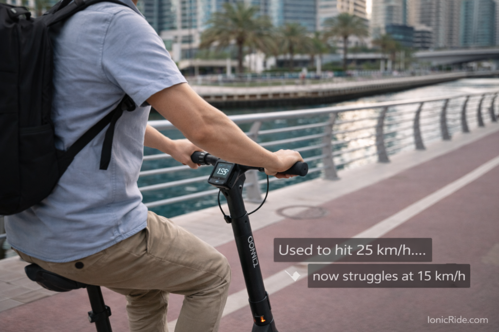 E-scooter LCD display showing slow speed 15 km/h on Dubai cycle path when it should reach 25 km/h indicating performance problem