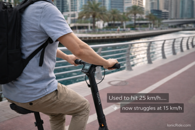 E-scooter LCD display showing slow speed 15 km/h on Dubai cycle path when it should reach 25 km/h indicating performance problem