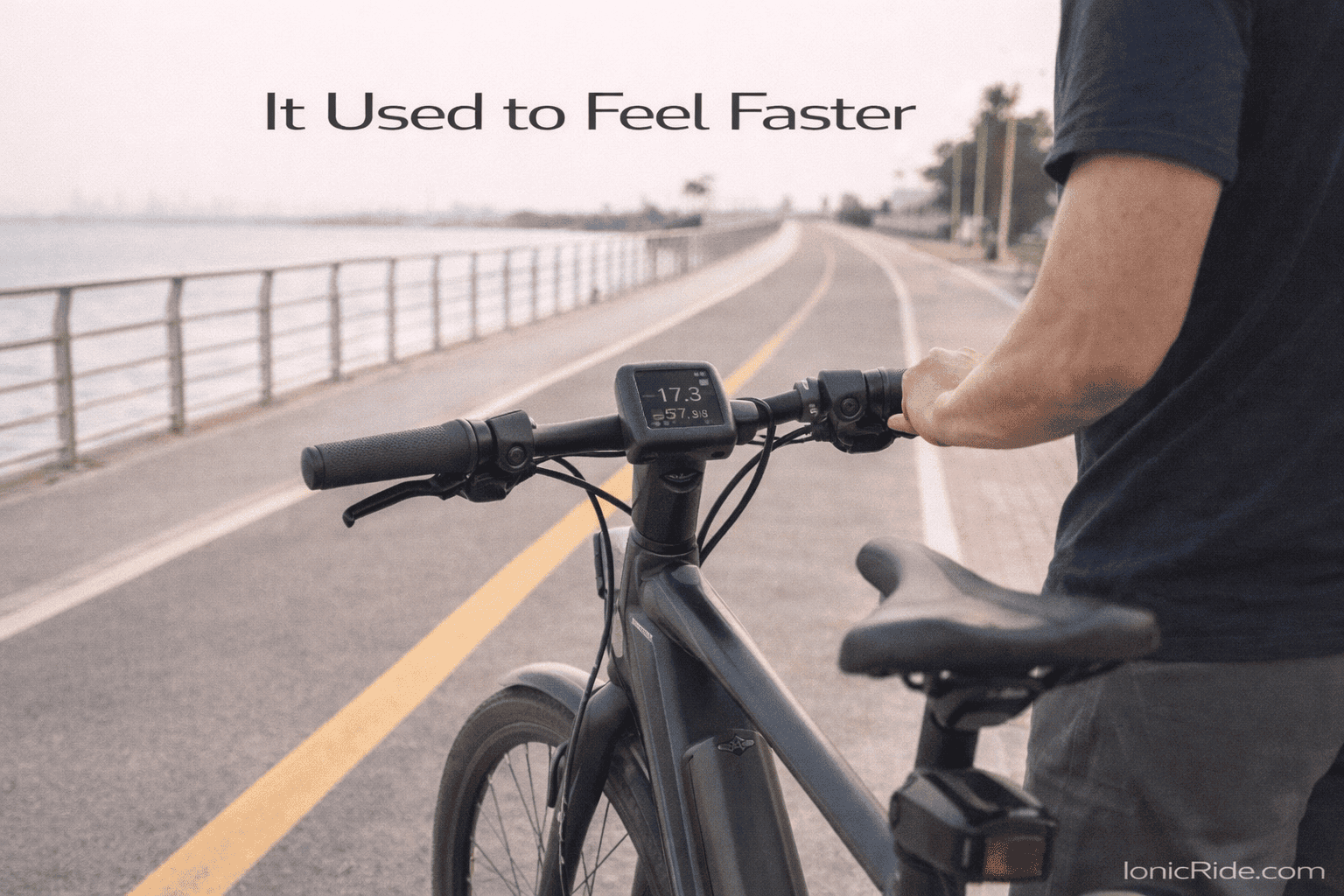 "E-bike paused mid-ride with the display on, illustrating how a bike can feel less responsive after months of regular use without any obvious failure
