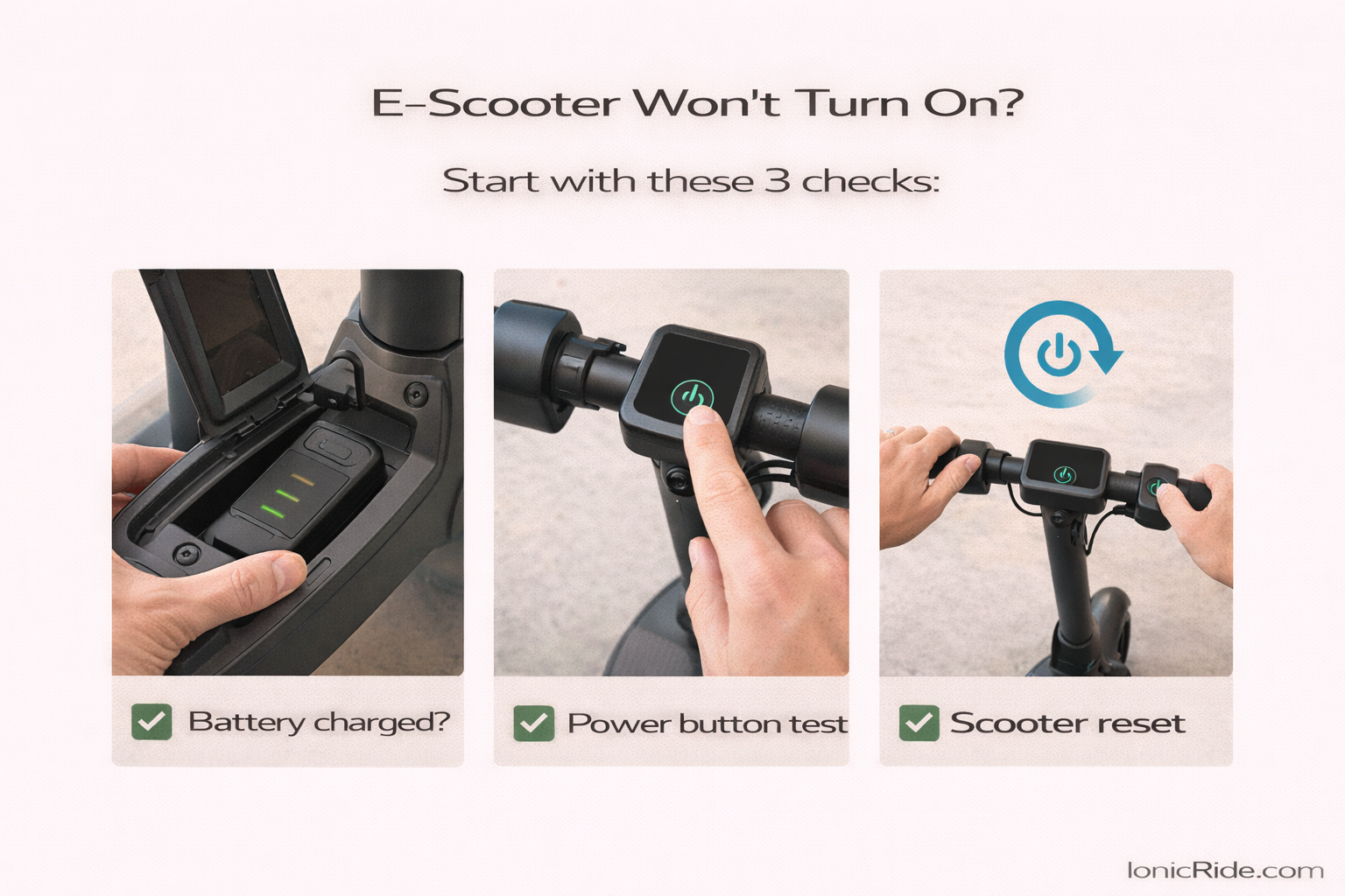Step-by-step visual guide showing the first three checks for an e-scooter that won’t turn on: battery charge, power button test, and reset procedure