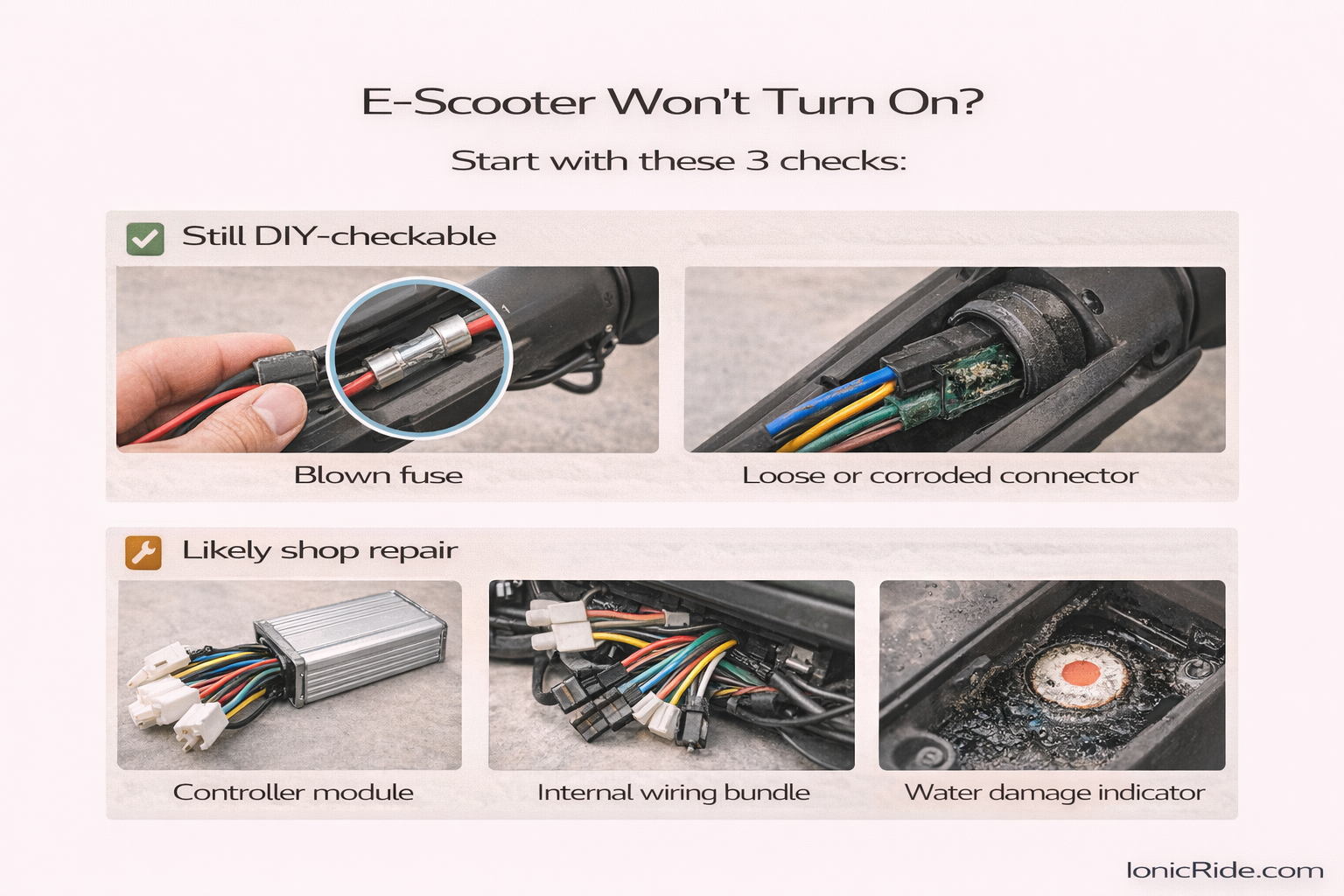 Comparison showing DIY-checkable issues like blown fuses and loose connectors versus non-DIY problems such as controller failure, wiring damage, and water ingress