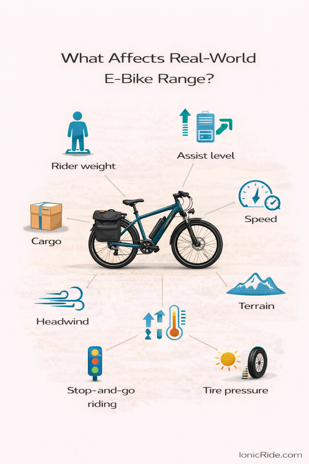 What Actually Affects E-Bike Range in the Real World Infographic showing the real factors that affect e-bike range including rider weight, assist level, speed, terrain, temperature, stops, tire pressure, wind, and battery health