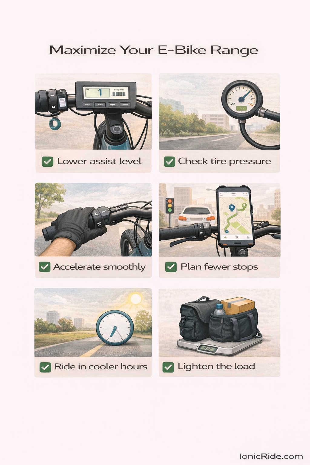 How to Maximize Your E-Bike Range – Practical Tips Illustrated checklist showing practical ways to maximize e-bike range such as using lower assist, maintaining tire pressure, smooth acceleration, lighter load, and cooler riding times