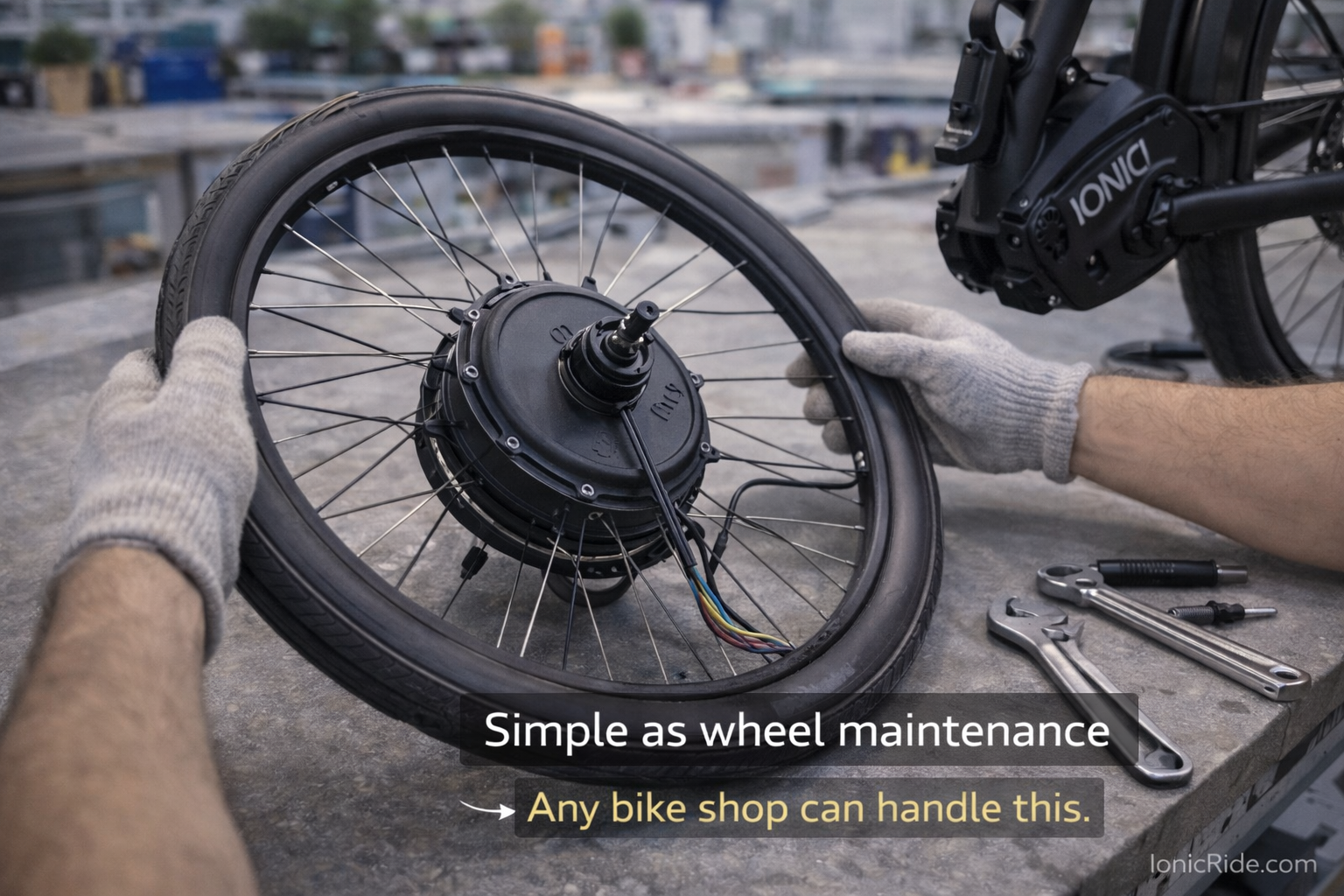 Hub motor e-bike wheel being serviced showing simple maintenance access that any UAE bike shop can handle