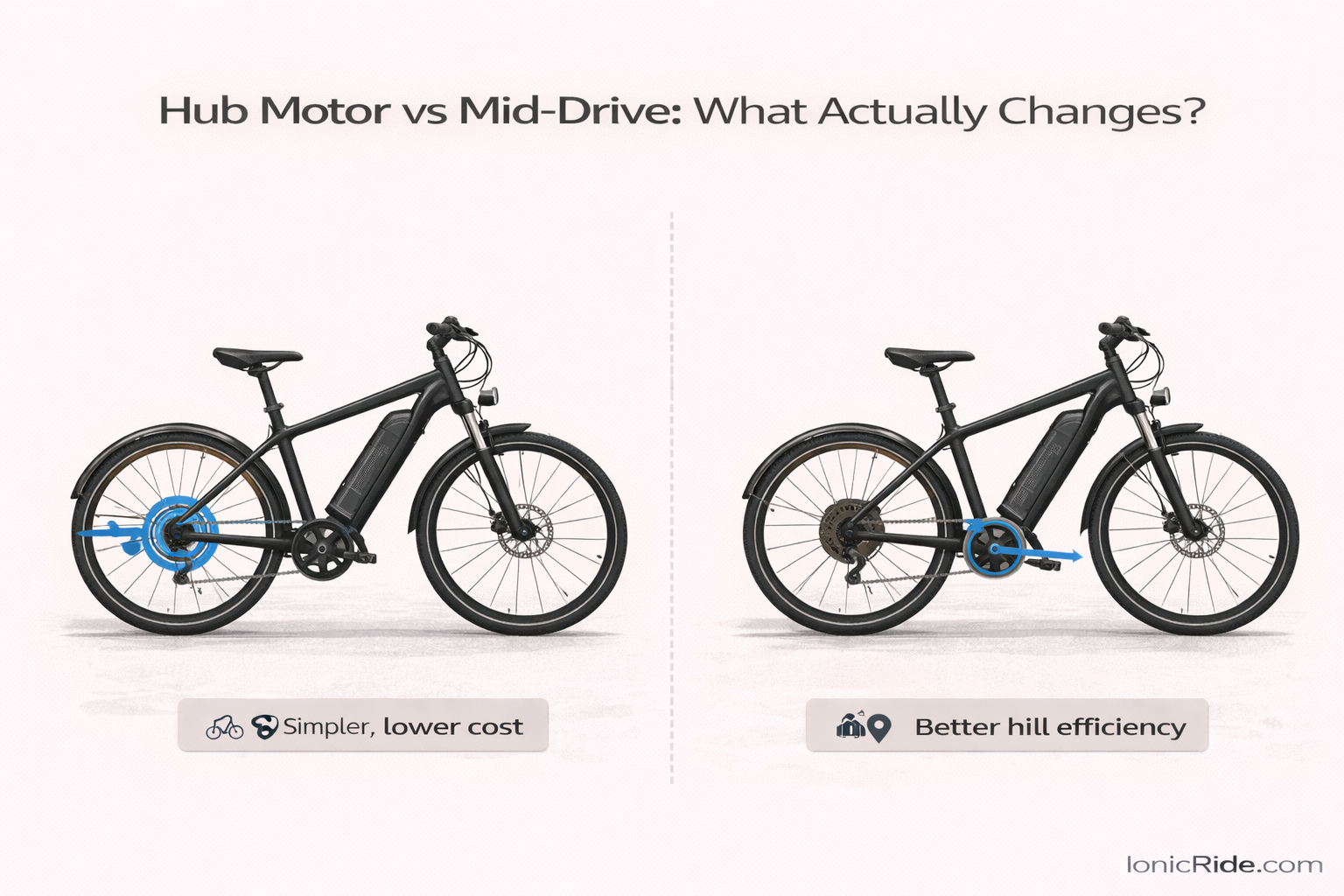 Side-by-side comparison diagram of a hub motor e-bike and a mid-drive e-bike showing differences in layout and power delivery