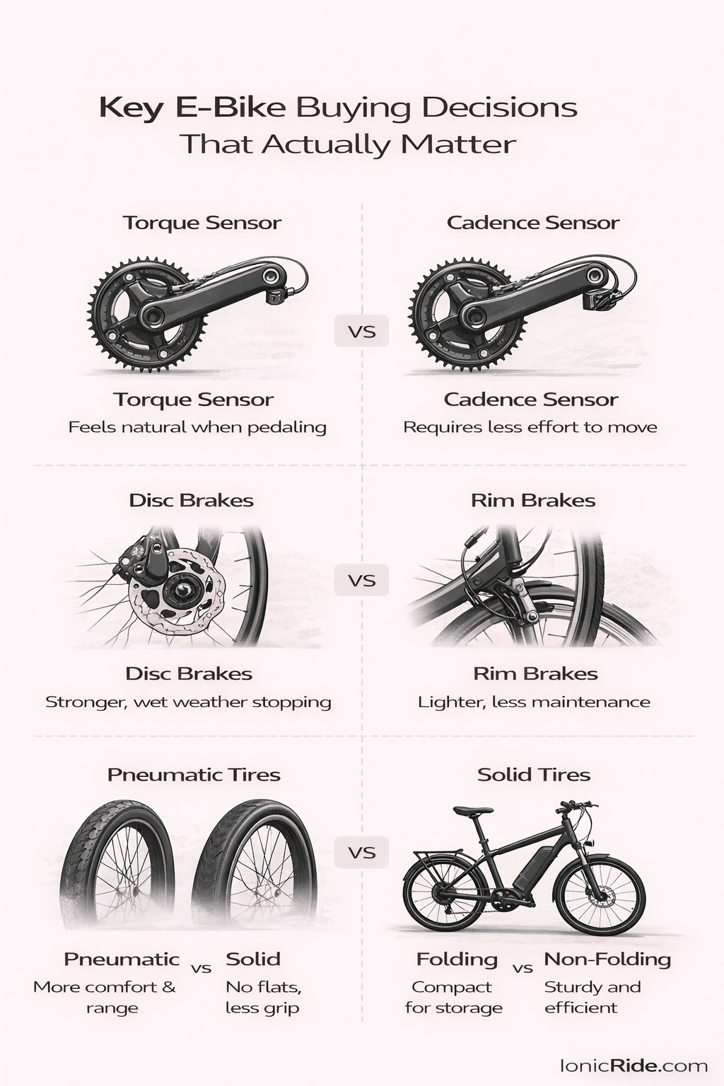 Grid graphic comparing torque vs cadence sensors, brake types, tire types, and folding vs non-folding frames to help e-bike buyers decide what matters