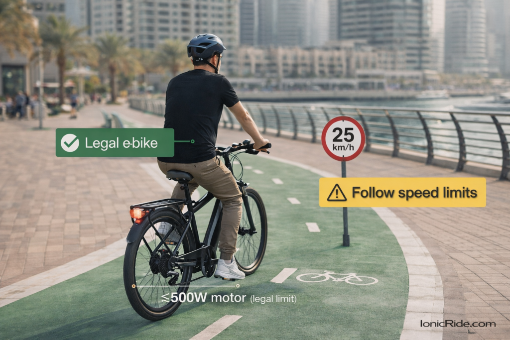 Map showing where e-bikes are allowed to ride on cycle paths in Dubai—including dedicated cycling tracks, shared paths, and approved routes