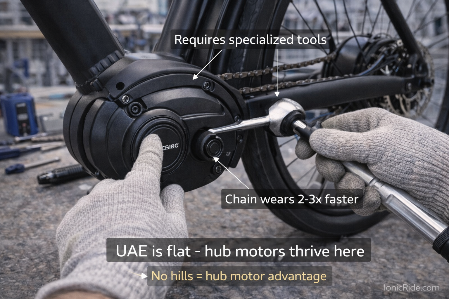 Close-up of mid-drive motor maintenance showing specialized tools and chain wear requiring expert service in UAE bike shops