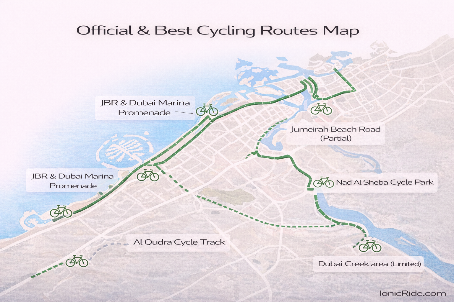Map showing the best official cycling routes in Dubai for e-bikes including JBR, Dubai Marina, Al Qudra, Nad Al Sheba, and Jumeirah Beach Road
