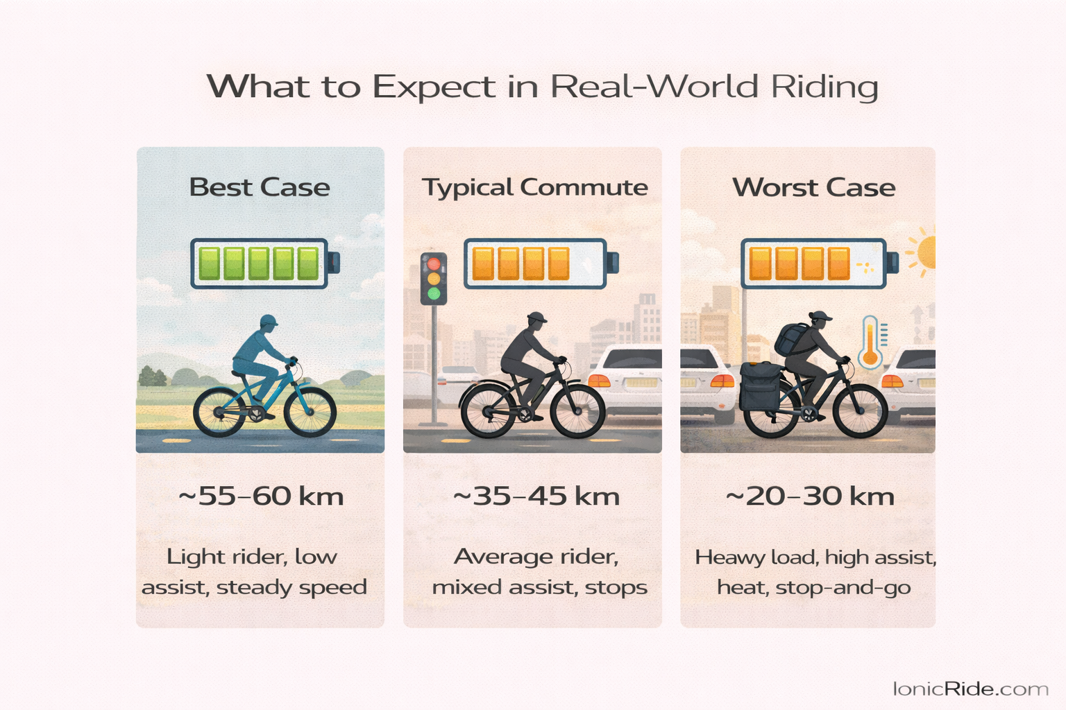 Real-World E-Bike Range Scenarios Explained Comparison graphic showing best case, typical commute, and worst case e-bike range scenarios with different riding conditions