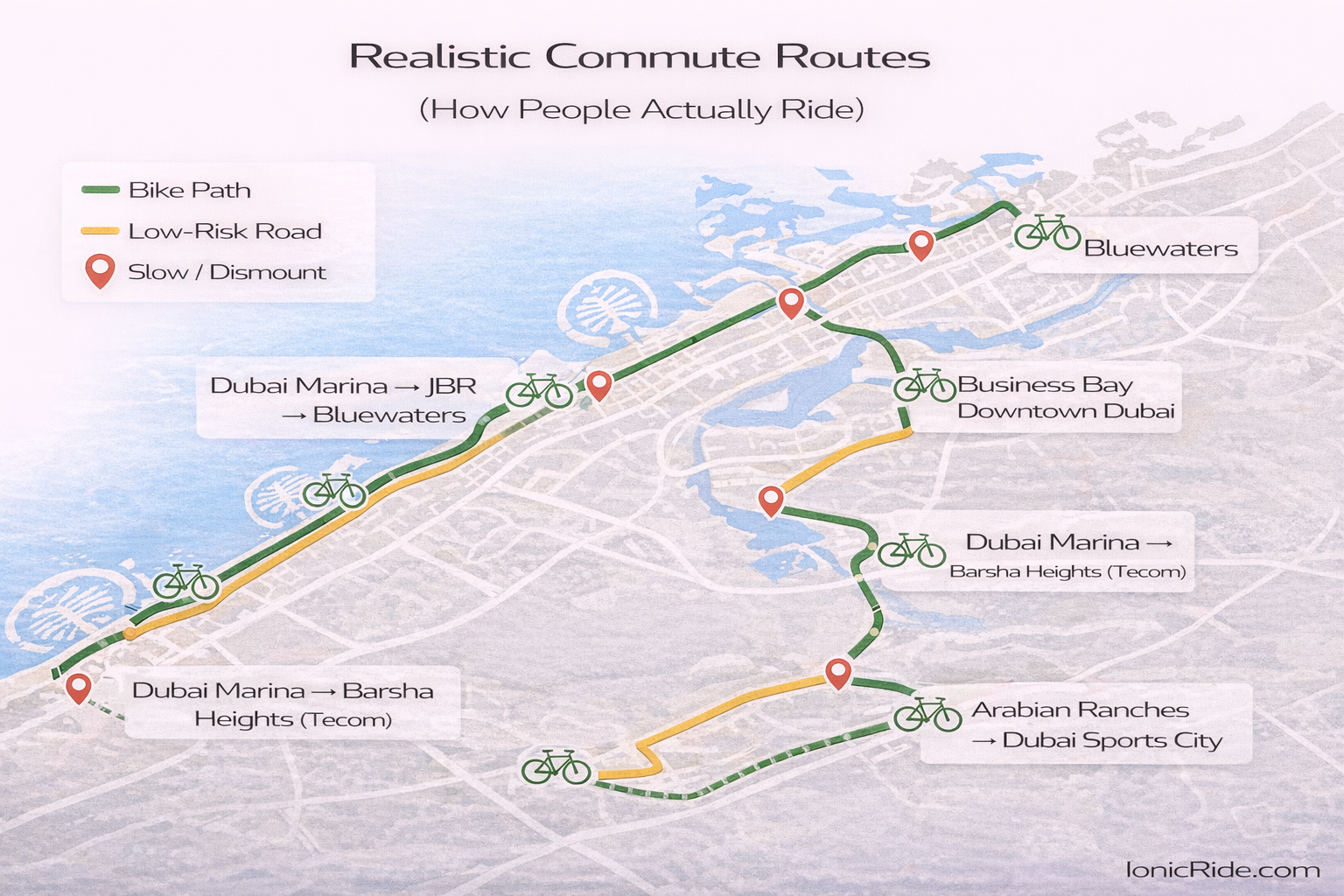 Map showing realistic e-bike commute routes in Dubai combining bike paths and short low-risk connector roads between Marina, JBR, Downtown, and Barsha Heights