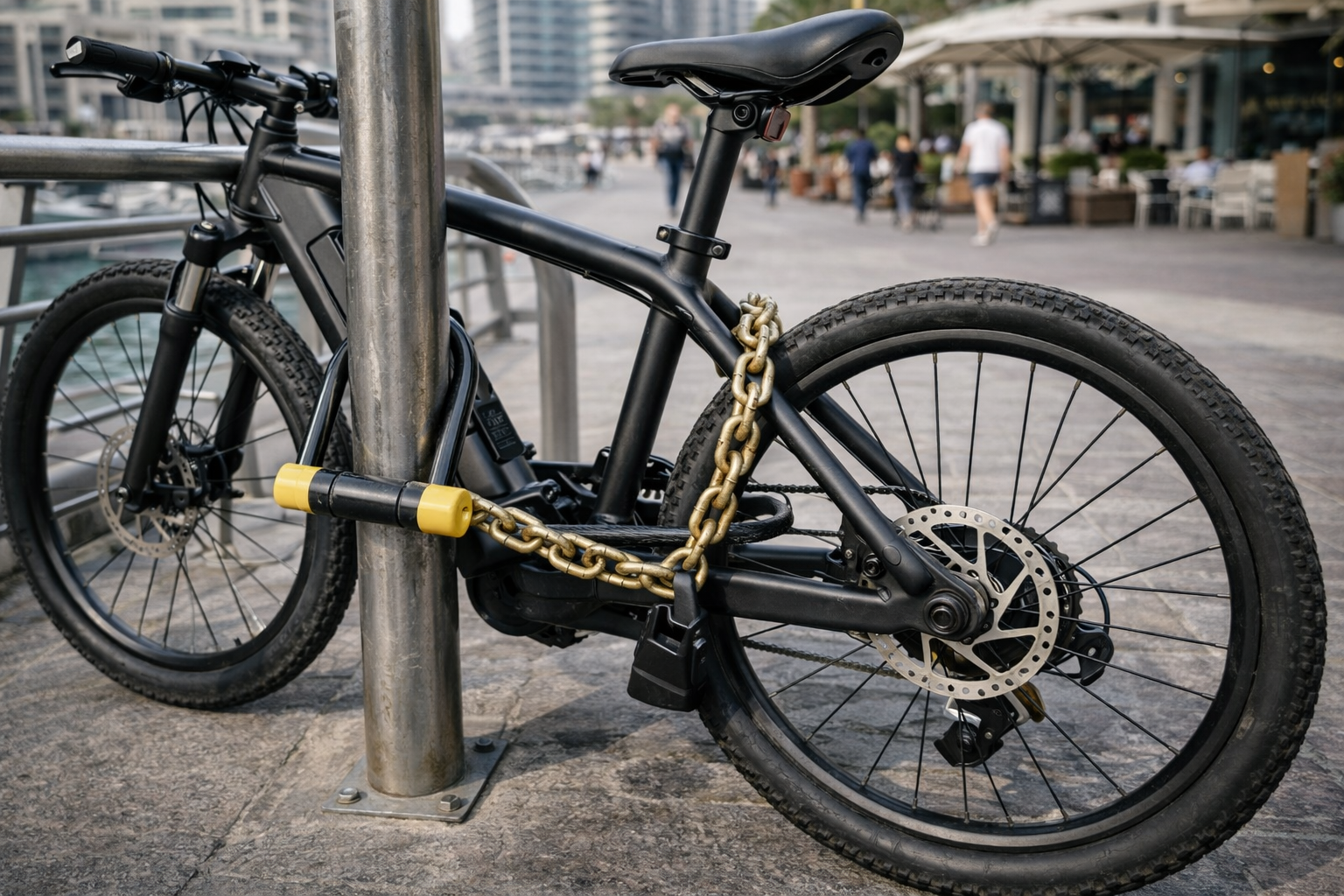 Two-lock security strategy for e-bikes - U-lock and heavy chain lock both securing bike frame and wheels in Dubai Marina