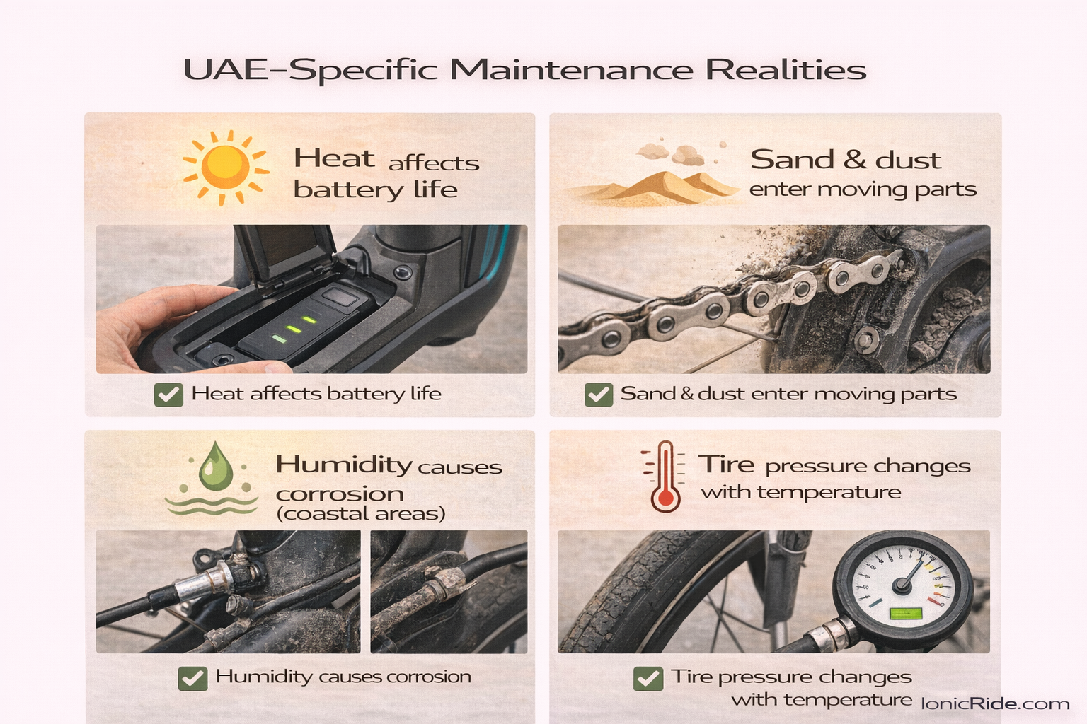 Infographic showing UAE-specific e-bike maintenance factors including heat impact on batteries, sand and dust intrusion, humidity corrosion, and tire pressure swings with temperature