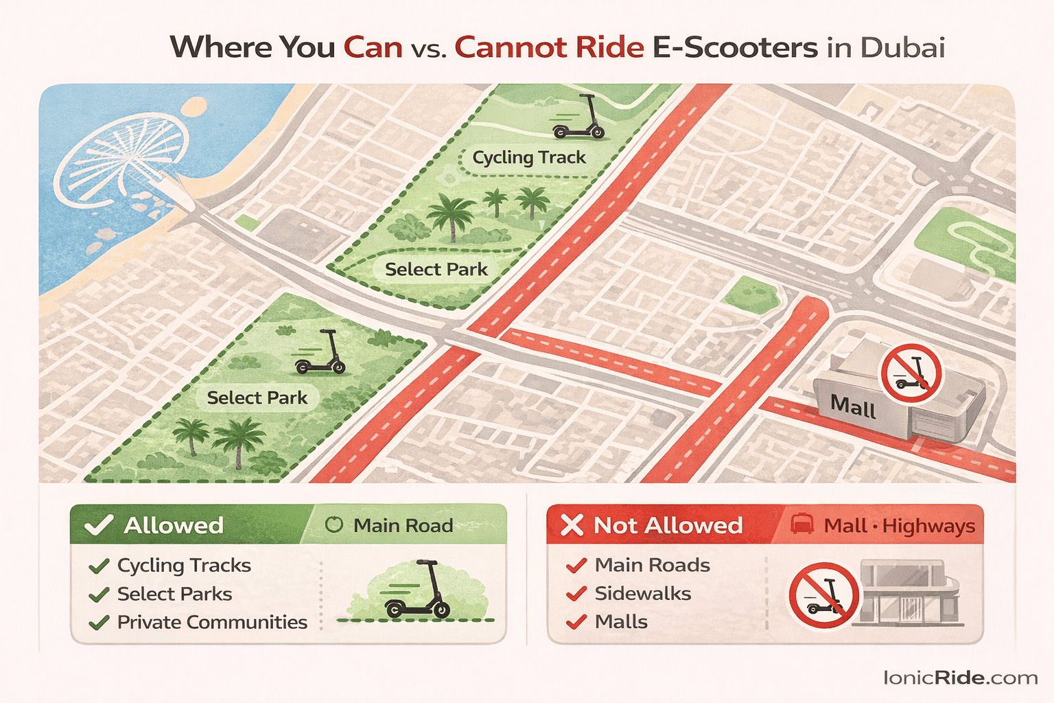 Map-style zone guide showing where e-scooters are allowed and prohibited in Dubai, including cycling tracks, parks, main roads, sidewalks, and indoor areas