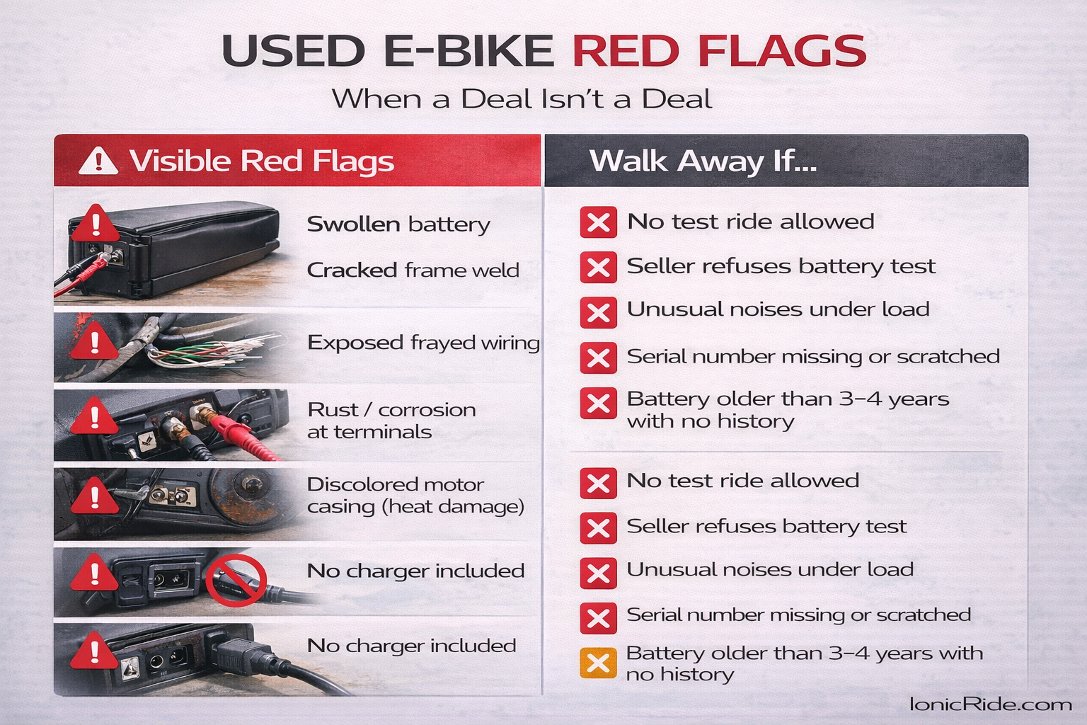 Red Flags When Buying a Used E-Bike – Walk Away Red flag graphic illustrating common deal-breakers when buying a used e-bike such as swollen battery, rust, broken components, and no test ride