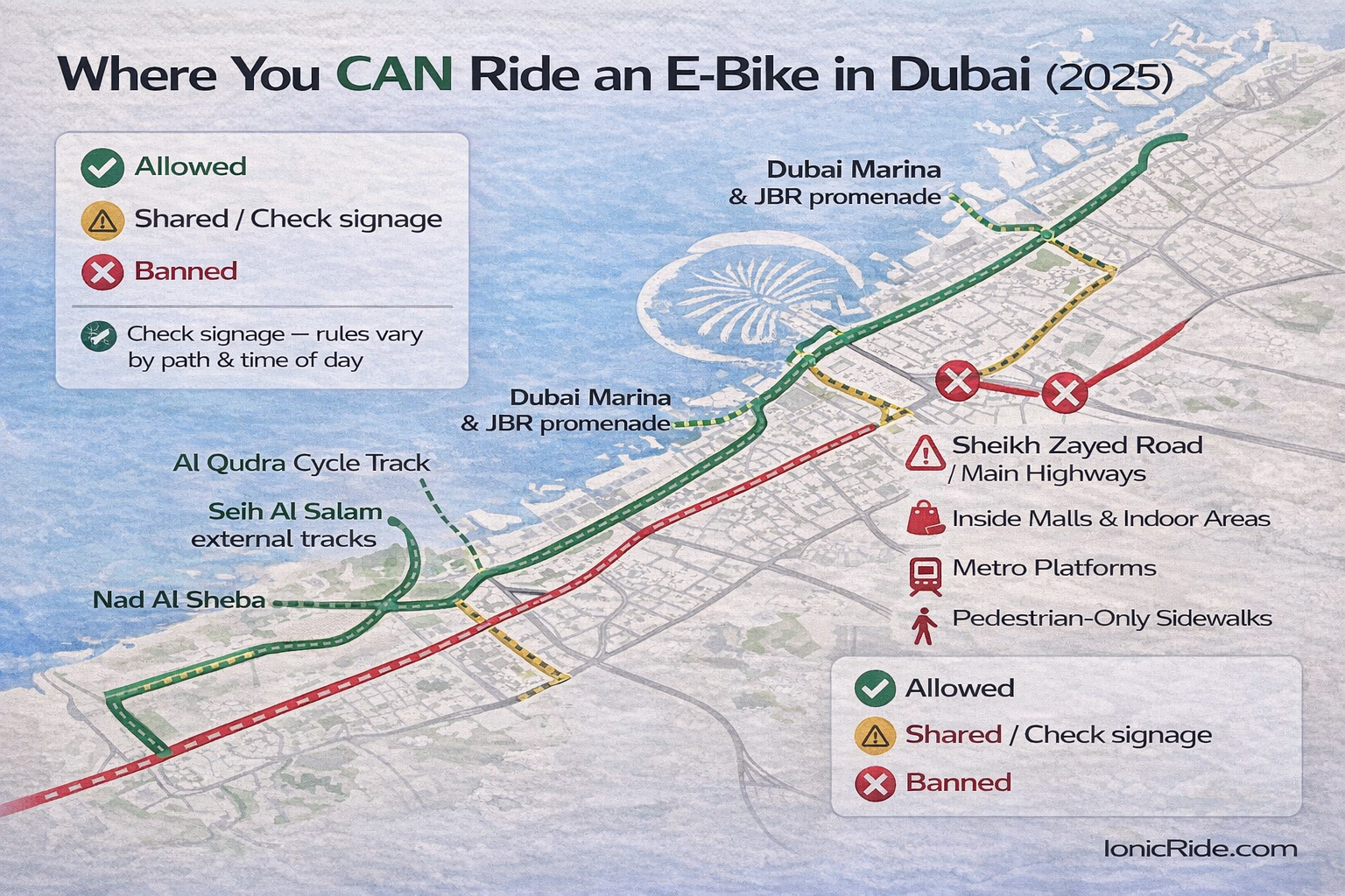 Map showing where e-bikes are allowed to ride on cycle paths in Dubai—including dedicated cycling tracks, shared paths, and approved routes