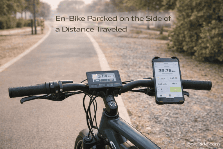 E-bike stopped after a shorter ride than expected, illustrating the gap between advertised 60 km range and real-world 40 km range