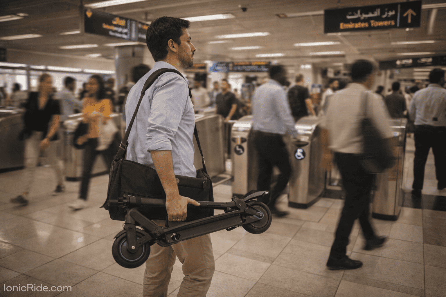 Person carrying folded electric scooter through Dubai Metro station wide gate during peak hours showing real commuting experience