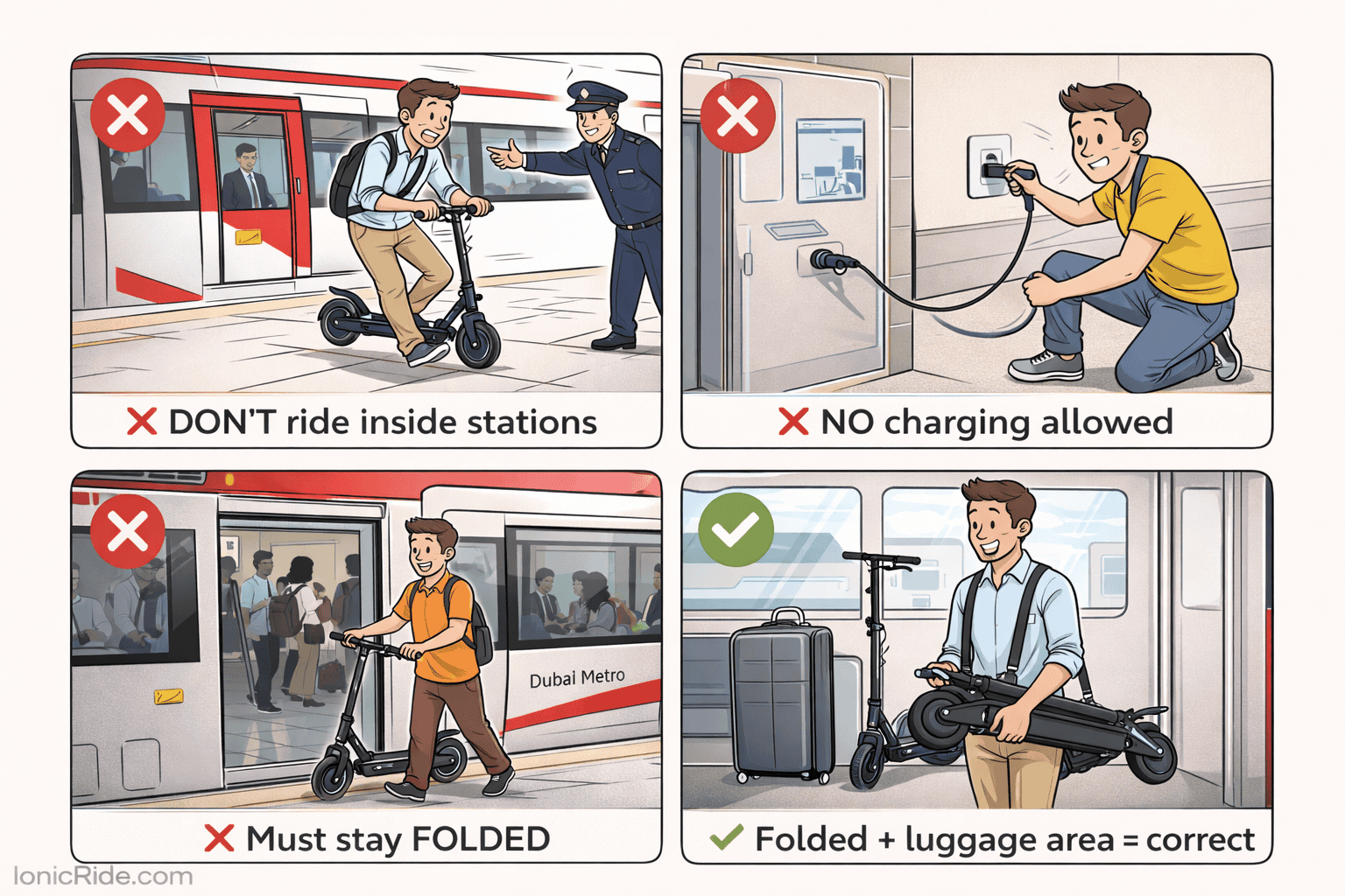 Educational comic showing correct and incorrect ways to bring e-scooters on Dubai Metro - prohibited actions include riding inside stations and charging
