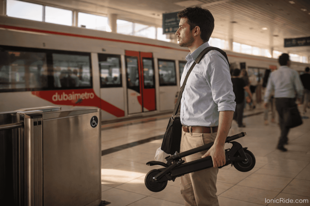 Commuter carrying folded electric scooter at Dubai Metro station platform showing RTA-compliant e-scooter for public transport