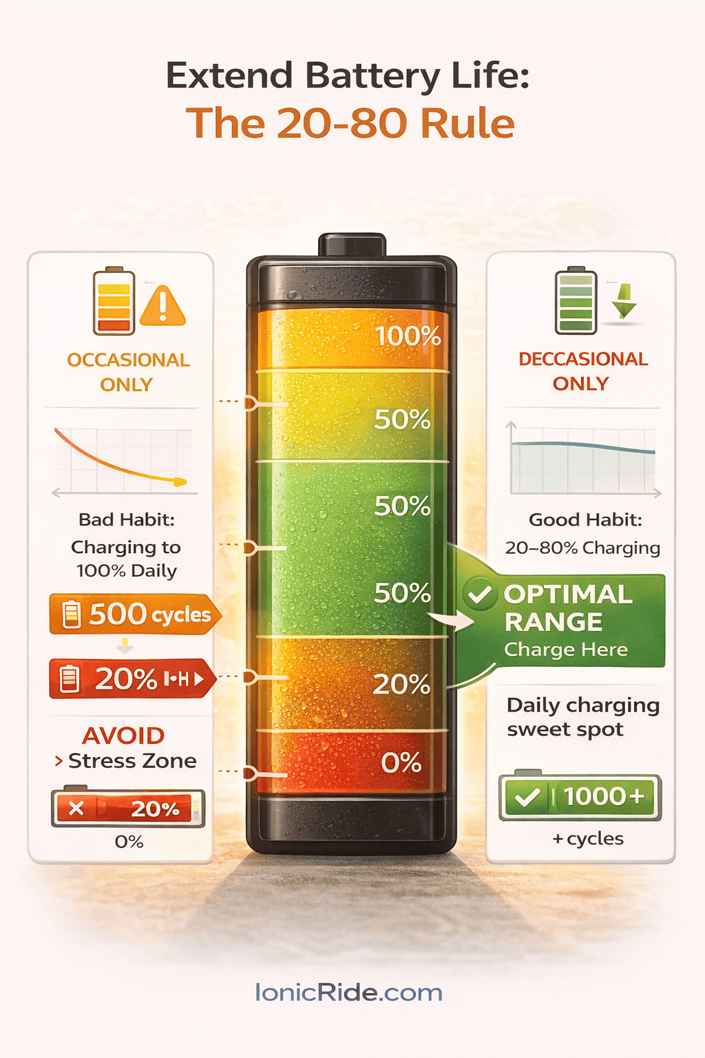 Infographic showing optimal e-bike battery charging range 20-80 percent to extend battery life and prevent degradation in hot climates