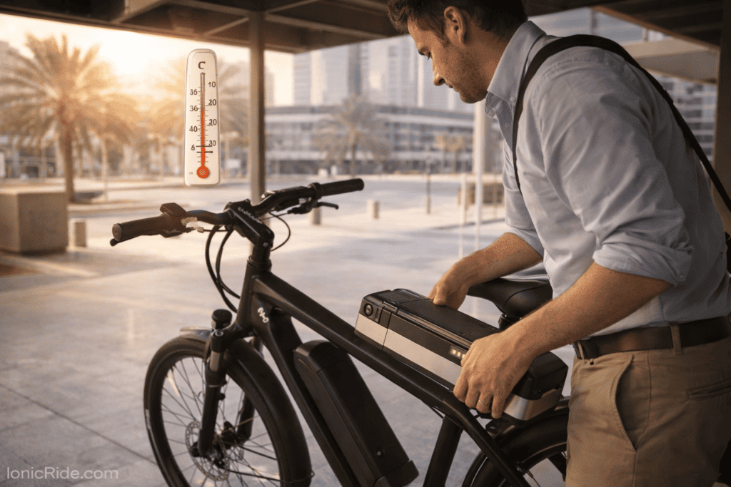 E-bike lithium battery in hot Dubai workshop showing heat exposure with thermometer reading high temperature for battery maintenance guide