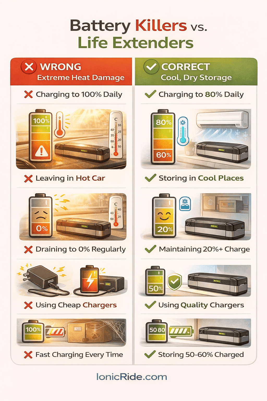 Illustrated guide showing 6 common e-bike battery mistakes to avoid and correct solutions for extending battery life in hot weather