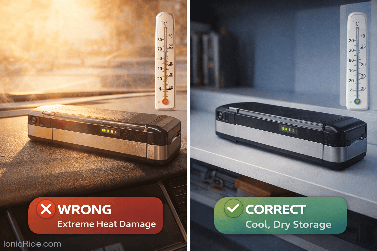 Side-by-side comparison showing incorrect e-bike battery storage in direct sunlight versus correct cool indoor storage in Dubai heat